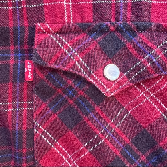 Levi’s Pearl Snap Red Plaid Denim Collar Mid-weight Long Sleeve Size Medium - Picture 5 of 9